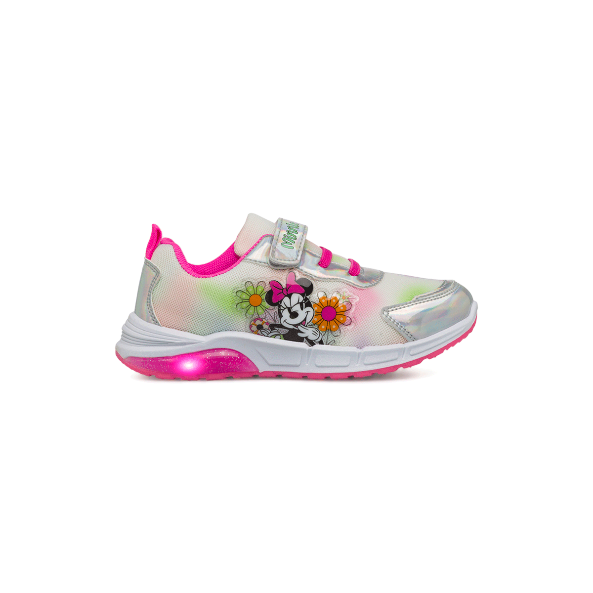 Sneakers primi passi argento e fucsia da bambina con luci nella suola e logo Minnie, Scarpe Primi passi, SKU s333500096, Immagine 0